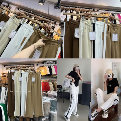 Color Contrast Strip High Waist Wide Leg Trousers